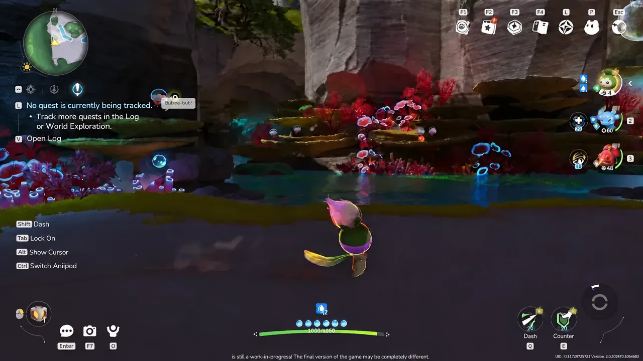 Player character exploring a glowing underwater cavern with no quest tracked