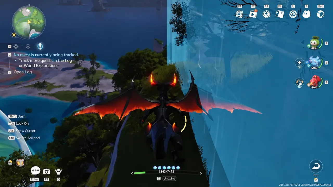 A dragon Aniimo gliding in flight with the Untwine action shown on screen