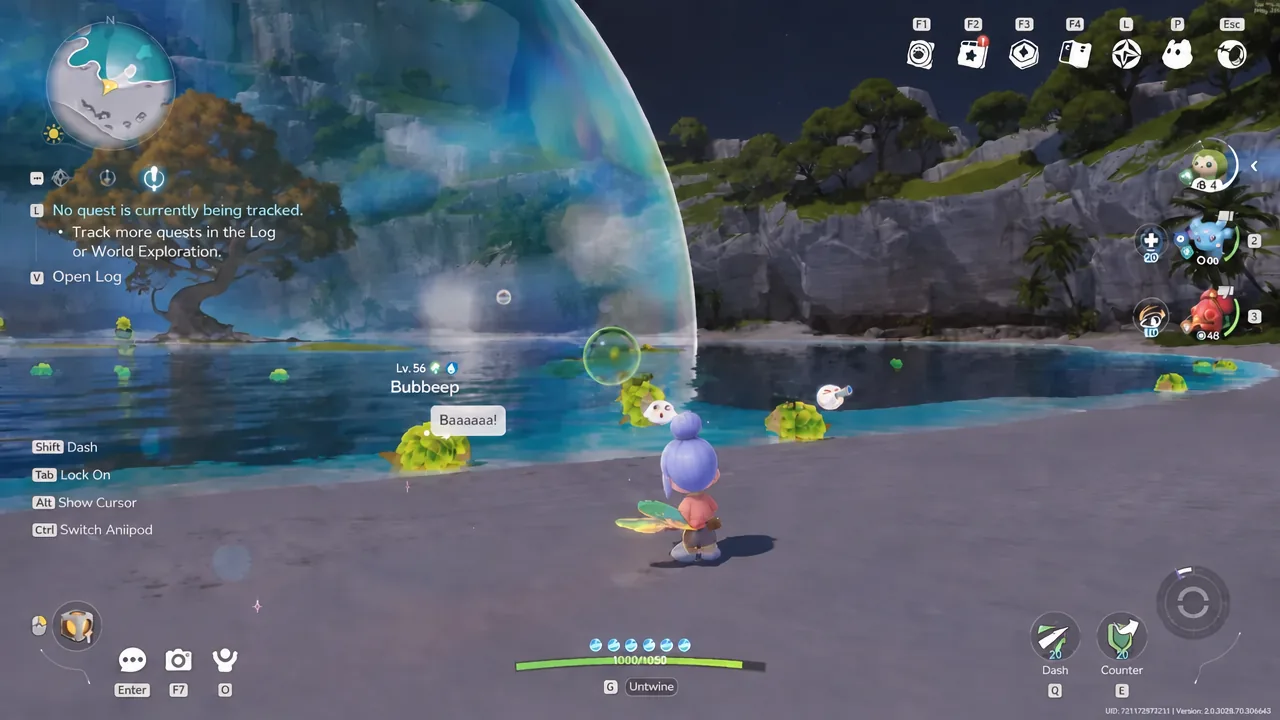 A Bubbleep creature highlighted by a green catching reticle along the shoreline