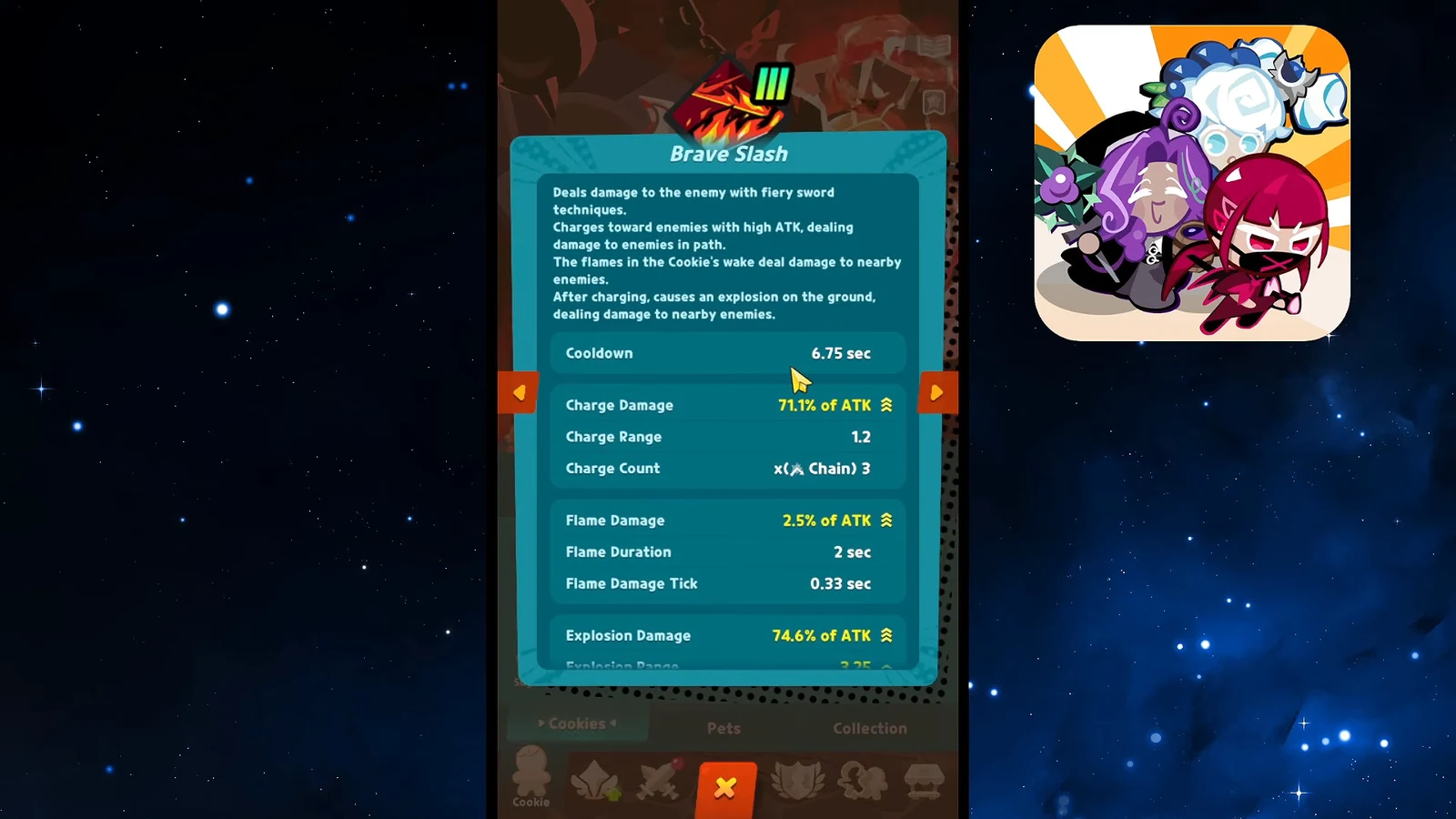 Brave Slash skill panel showing cooldown, charge, flame and explosion damage values