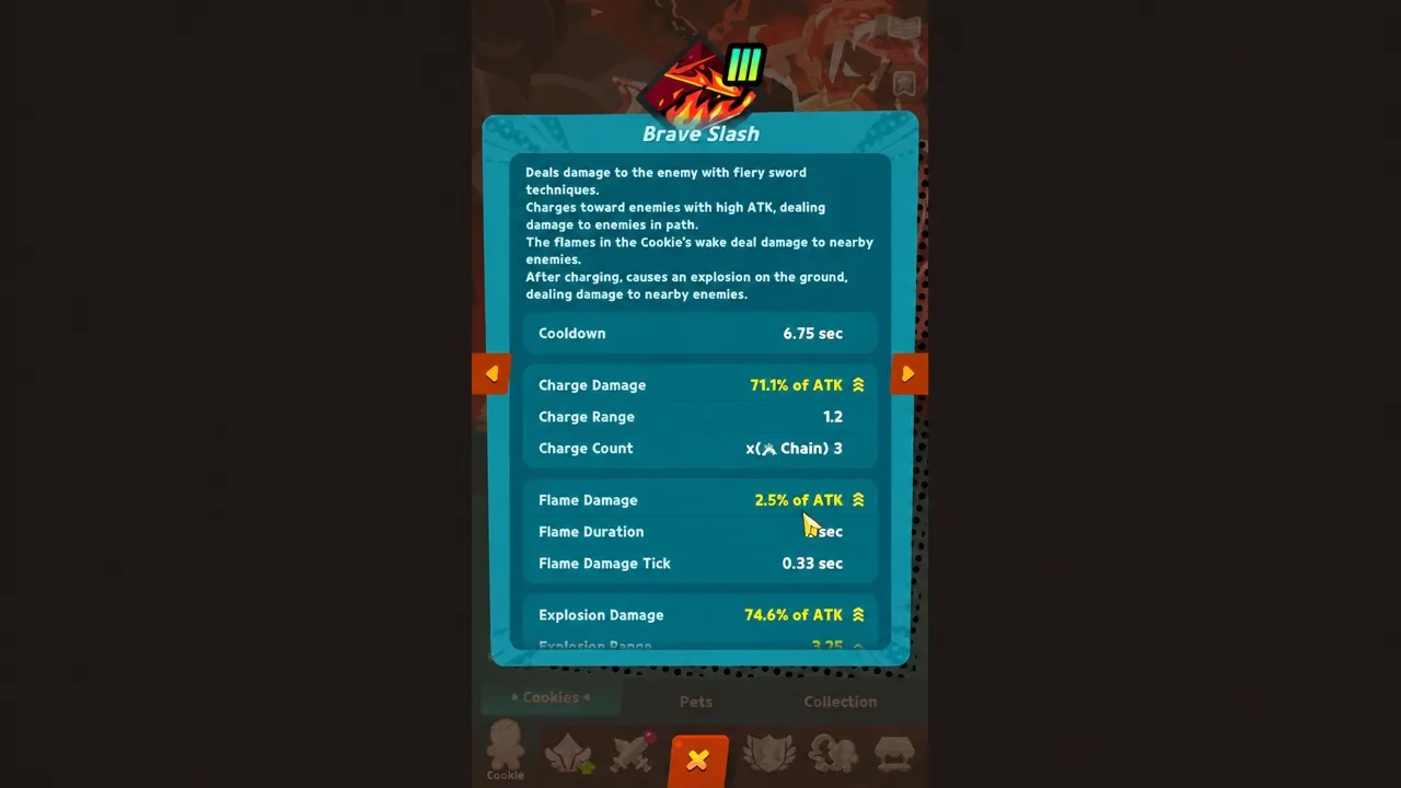 Brave Slash skill details in CookieRun: Crumble showing flame duration and damage values