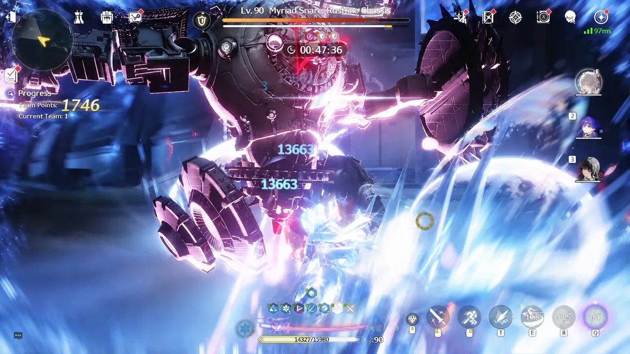 Damage numbers pile onto Myriad Snare's health bar mid-run, the stage where element resistances swing each team's pace.