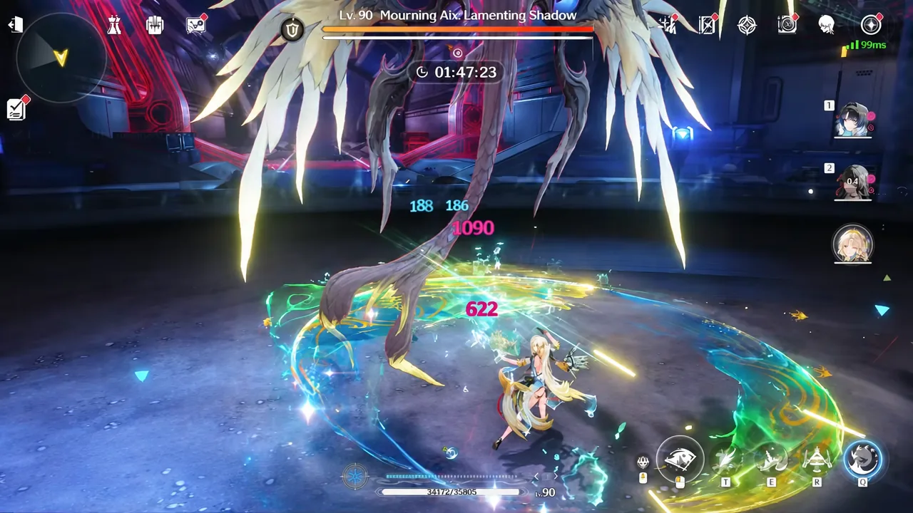 Mourning Aix: Lamenting Shadow at Lv. 90 with its health bar shown while the active character attacks