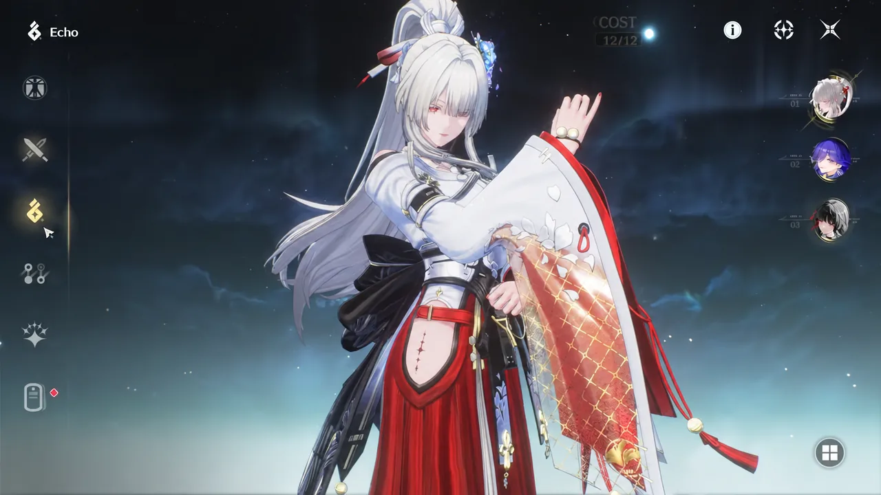 Hiyuki's level 90 sheet with Frostburn equipped, alongside her echo loadout and Forte tree.