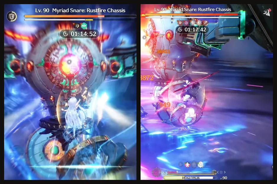 Two combat screens side by side showing the same Lv. 90 Myriad Snare boss during different attack states