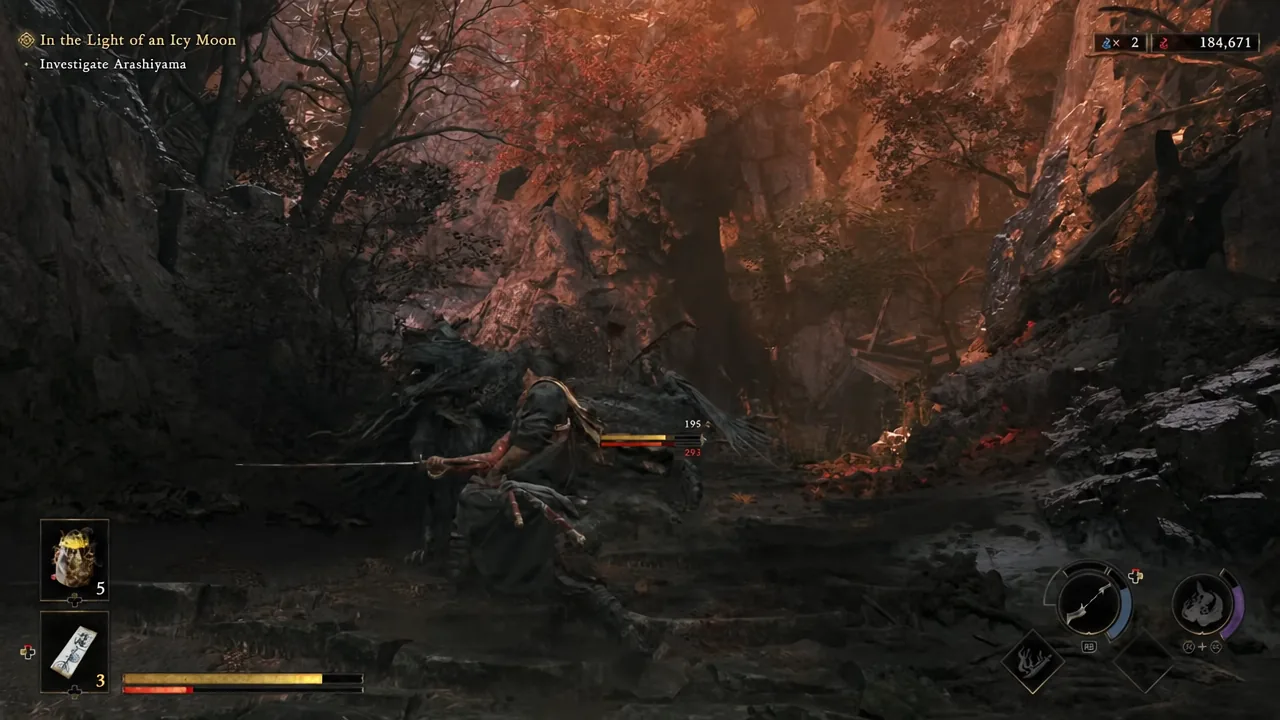 Musashi attacking an enemy with the In the Light of an Icy Moon objective on screen