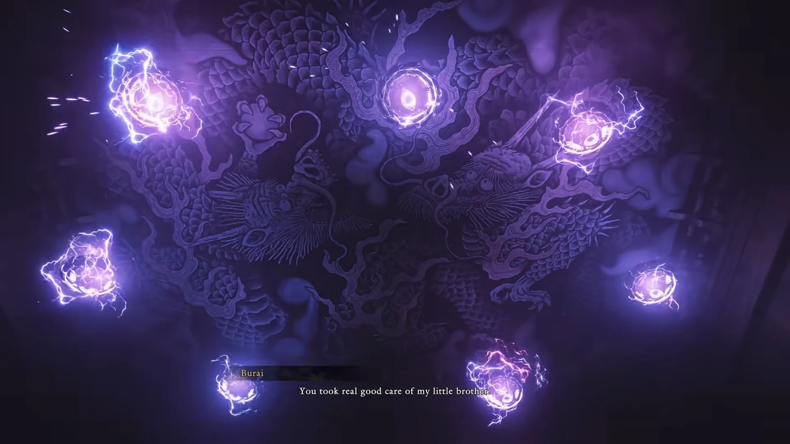 Cinematic introduction to the boss Burai before the fight begins