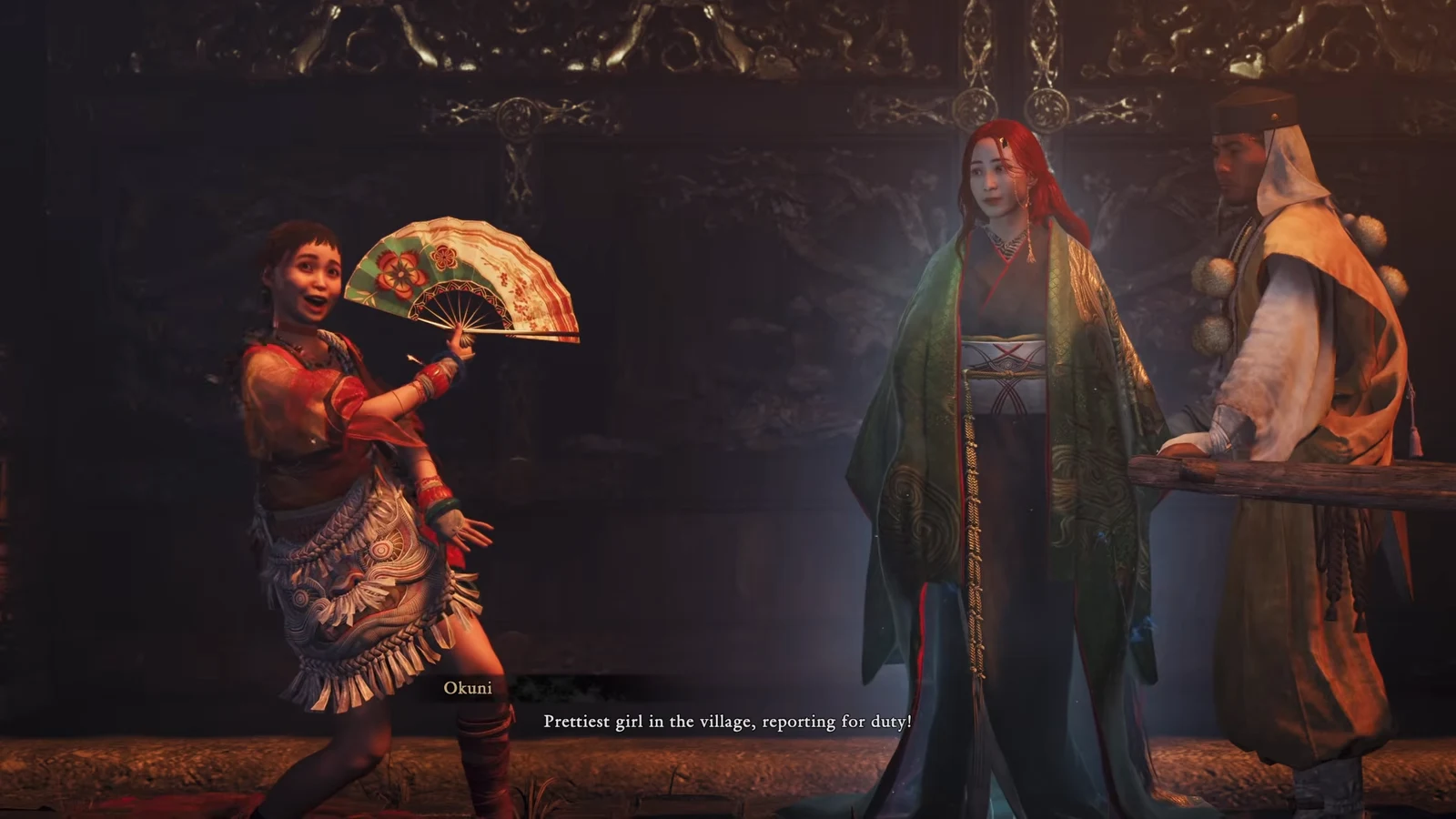 Okuni greeting a villager in a dialogue scene with the subtitle about reporting for duty