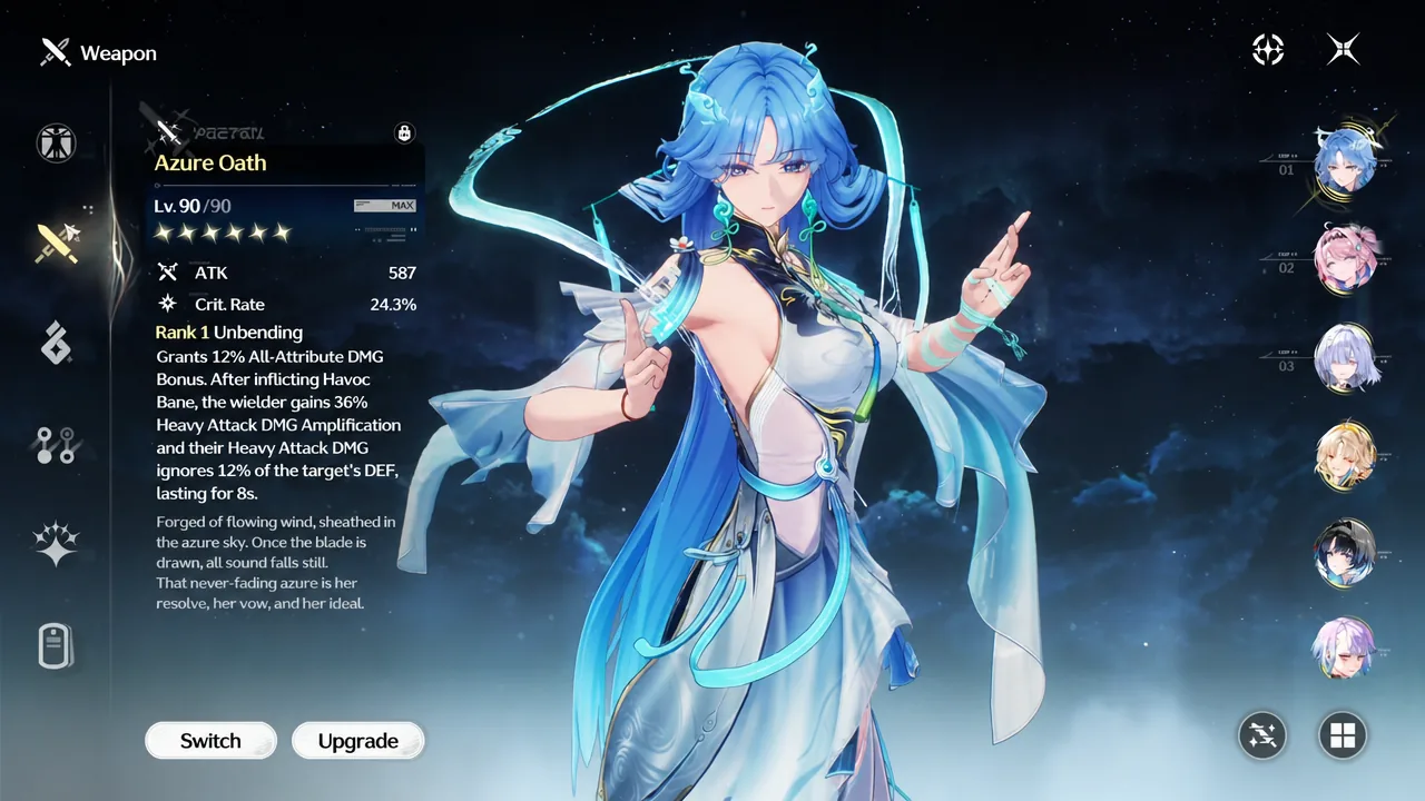 Weapon detail panel showing Azure Oath with its level, stats, and effect text