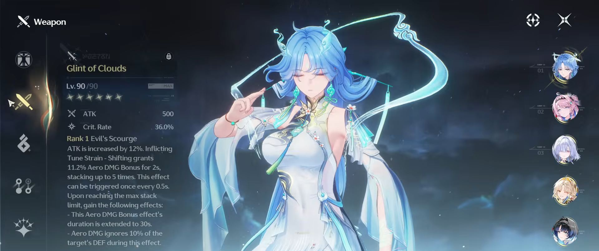 Character stat screen with Qingxiao's signature sword equipped at level 90 and rank 1