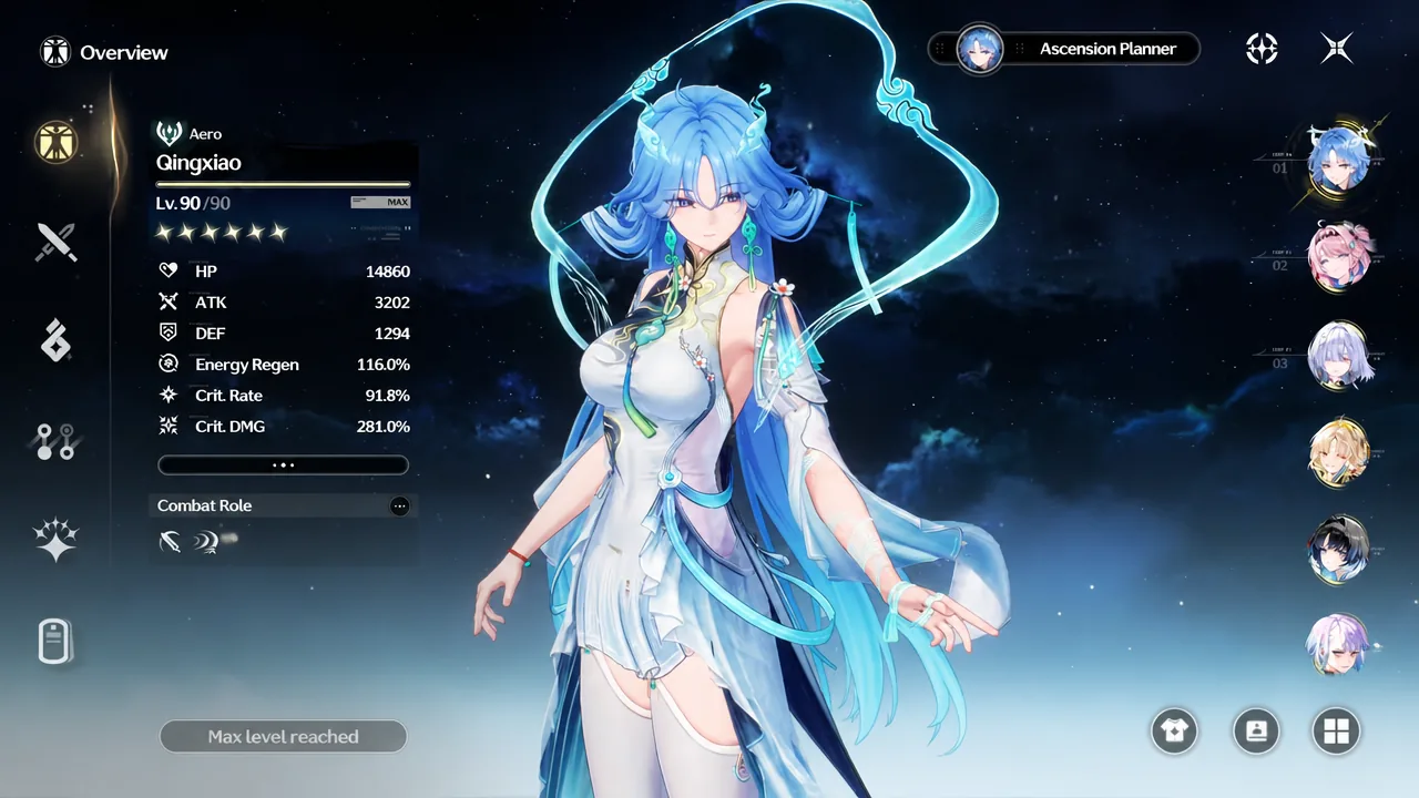 Qingxiao character overview screen showing her level and combat stat breakdown