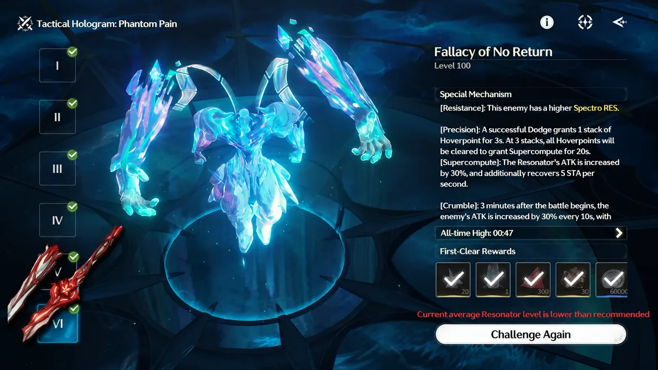Tactical Hologram menu with Stage VI of Fallacy of No Return selected before a run