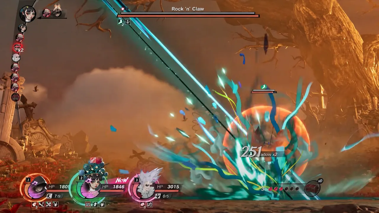 Turn-based battle against the boss Rock 'n' Claw, with damage numbers popping over its health bar