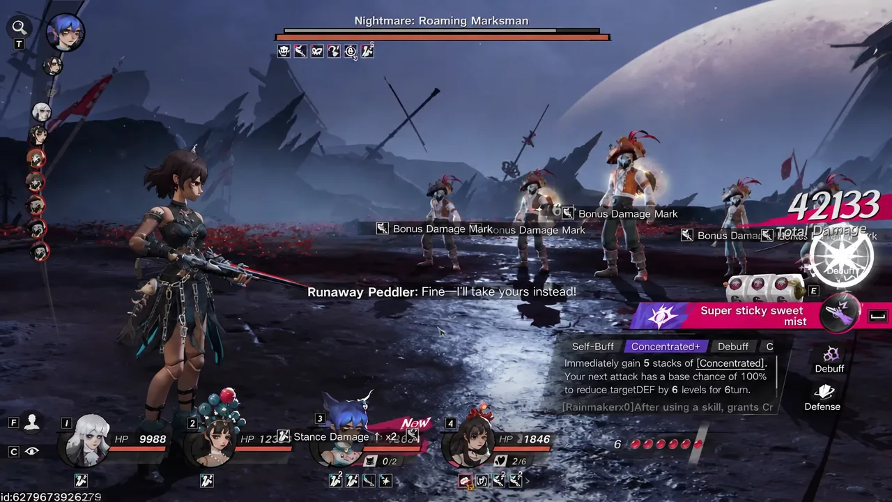 A character applying the Concentrated+ self-buff through a skill during a turn-based battle