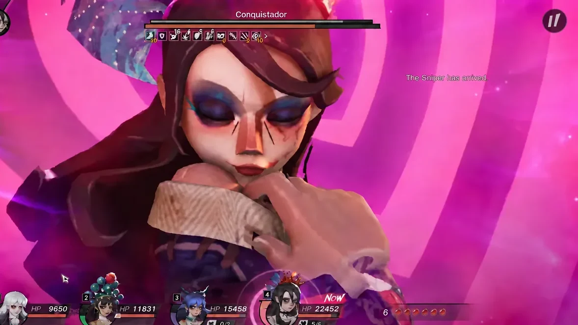 The Conquistador boss fight with the Now turn indicator active and a sniper arrival warning on screen