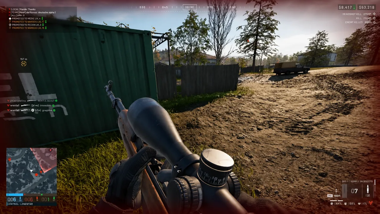 Player aiming a scoped rifle around a shipping container in WARDOGS