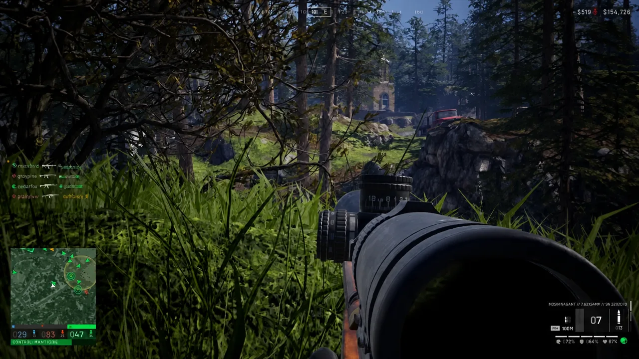 Scoped view through forest toward a distant stone building and parked vehicle