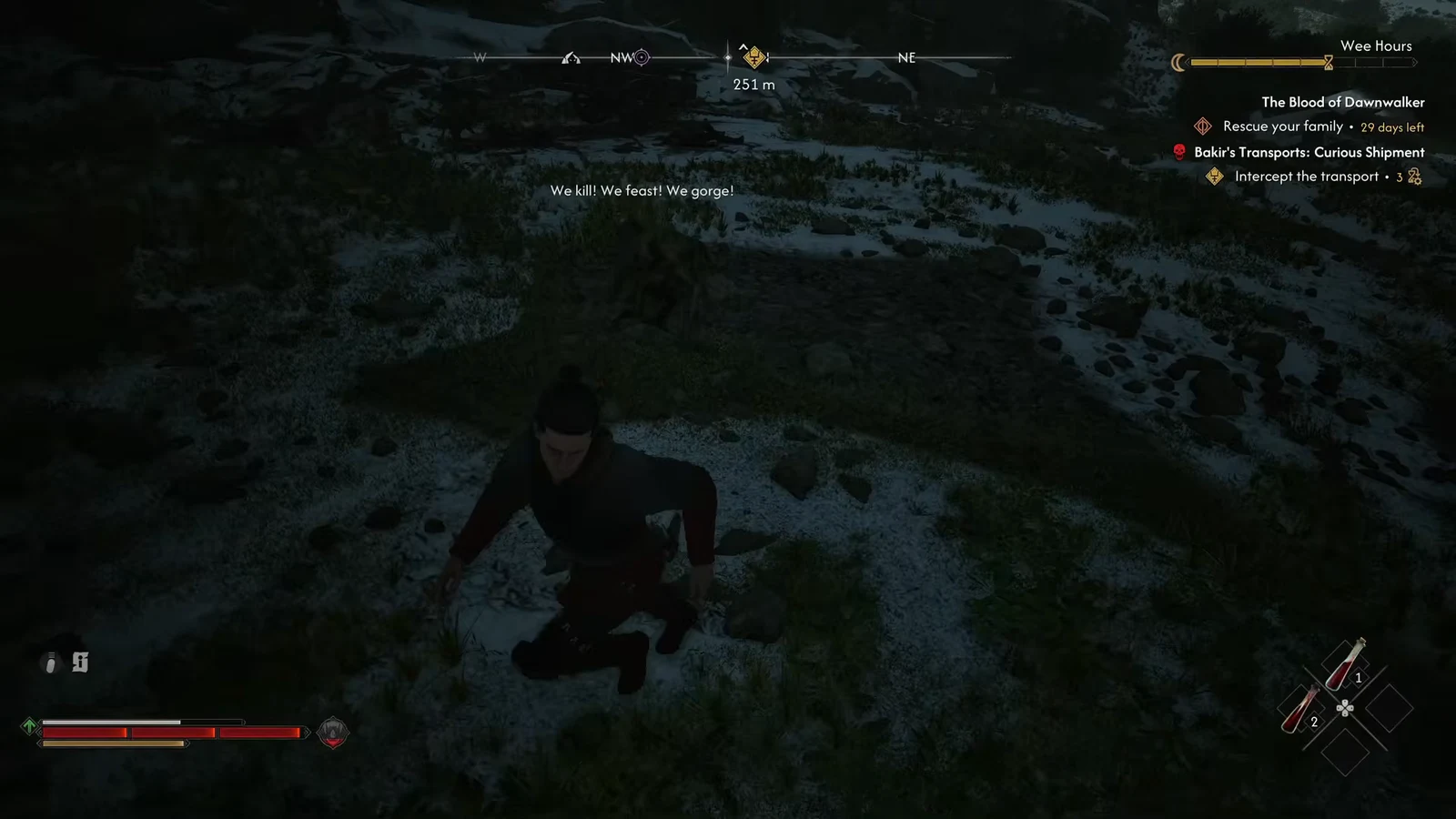 Coen crouching in snowy wilderness while approaching the nest entrance