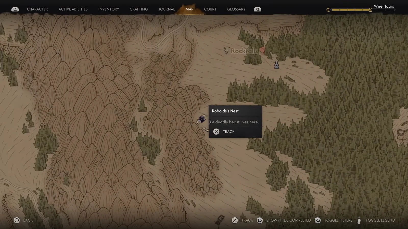 World map showing the Kobold Nest location popup with the Track button available