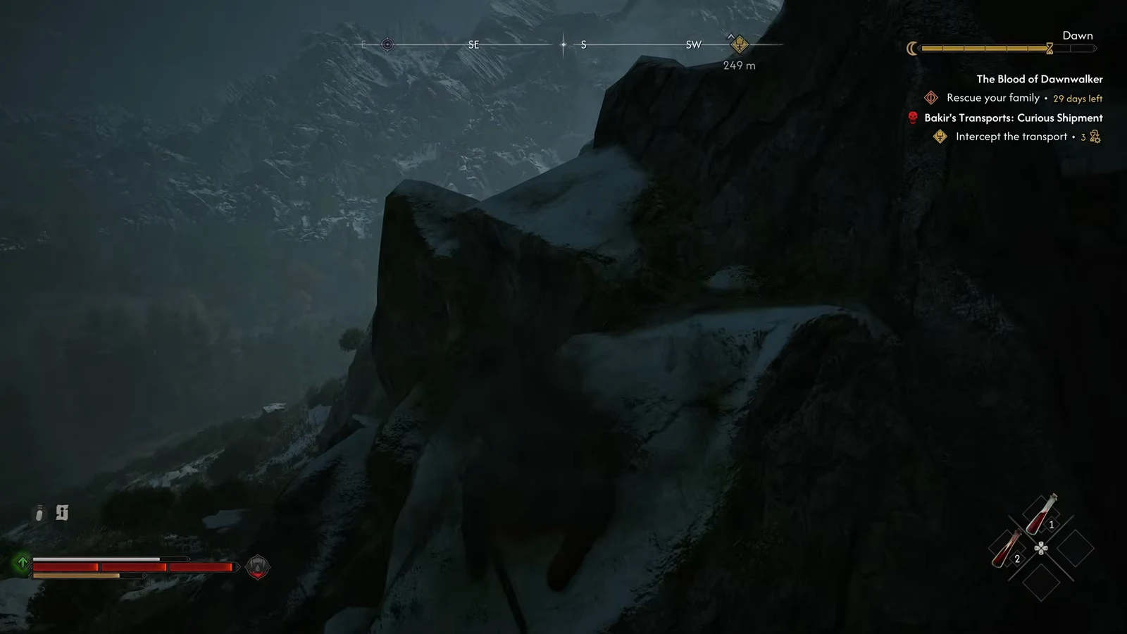 Player crossing snowy mountain terrain with the distance counter showing 249 meters to the objective