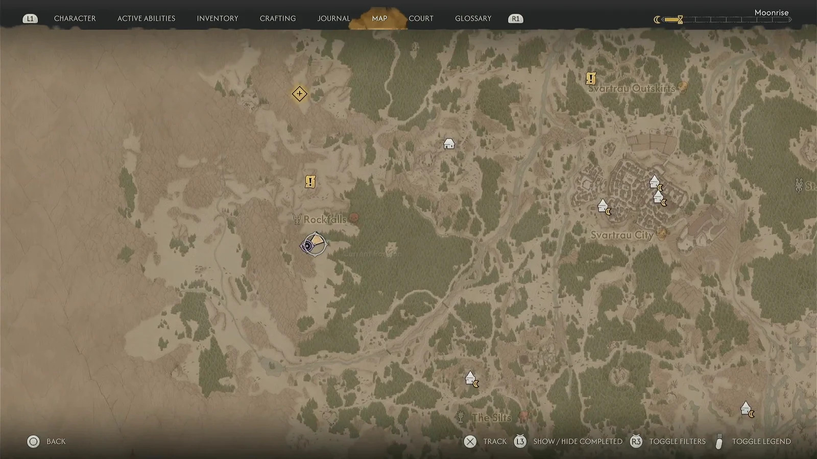 World map zoomed in on Rockfalls with nearby quest markers before tracking the Kobold's Nest