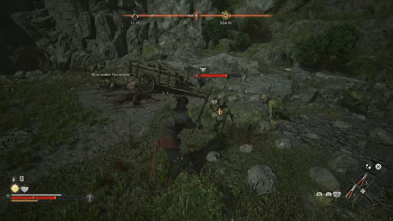 Coen striking a targeted kobold with its health bar and damage number displayed