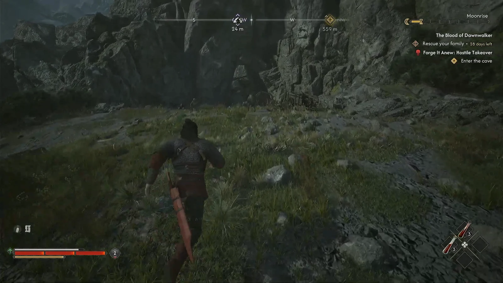 Coen walking toward the Kobold's Nest cave mouth with the Enter the cave objective on screen