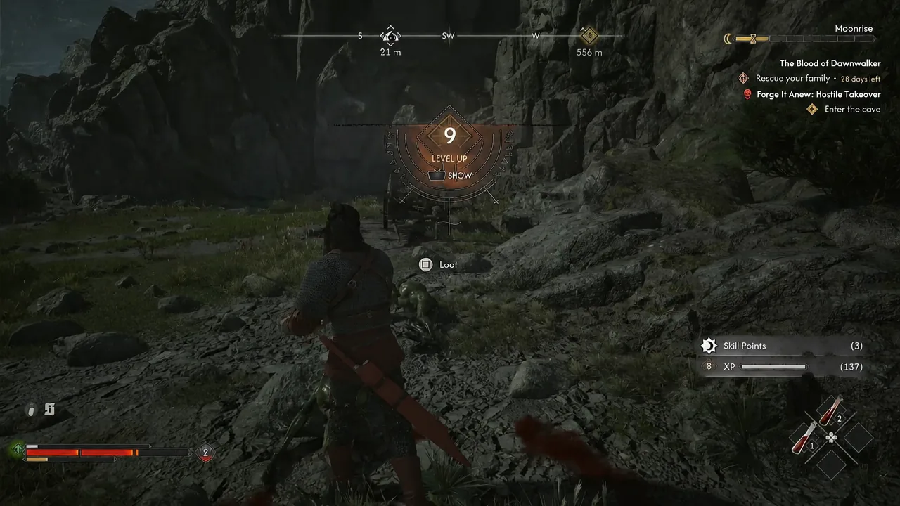 Level up notification overlay appearing while a loot prompt sits over a dead kobold