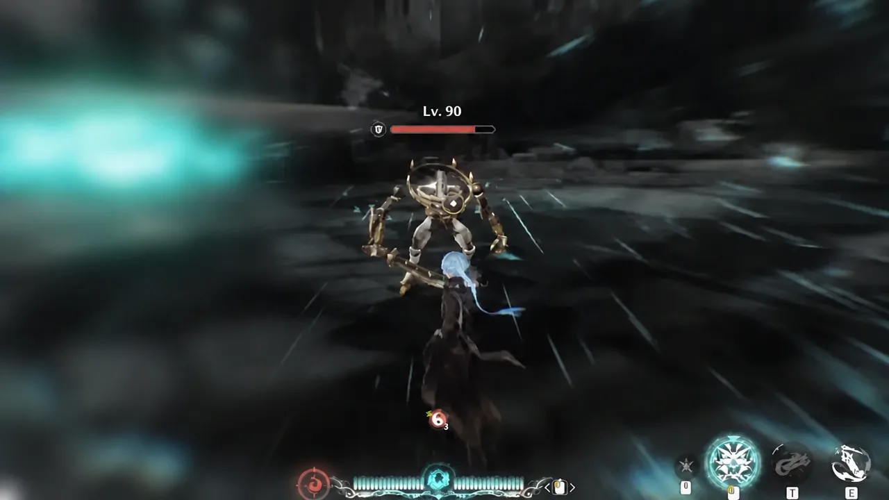Combat screen with a Level 90 enemy locked on as the player lands an attack