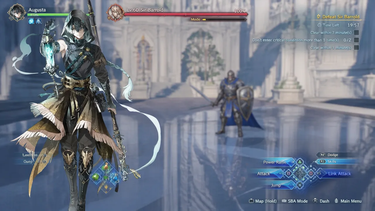 Augusta fighting Sir Barrold with dodge, skill and attack controls visible on screen