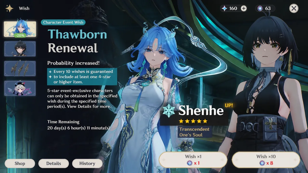 Character banner screen with single pull and ten-pull buttons ready