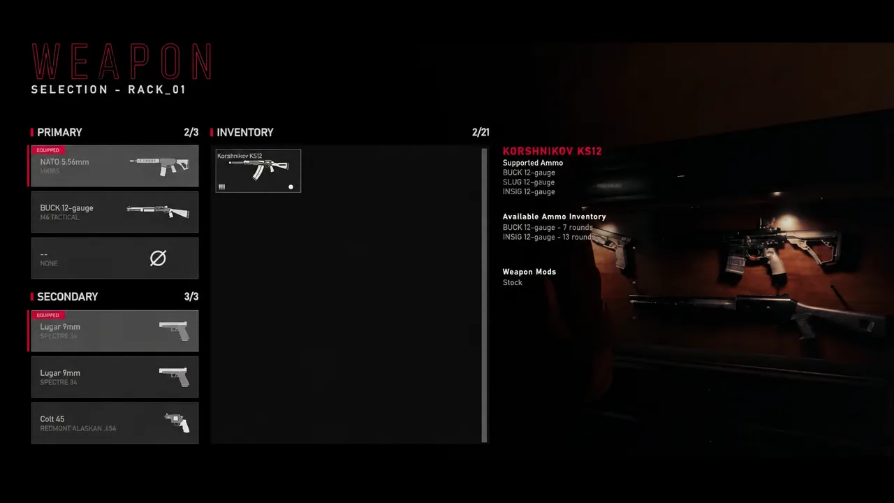 Weapon rack inventory screen highlighting the KORSHNIKOV KS12 primary rifle