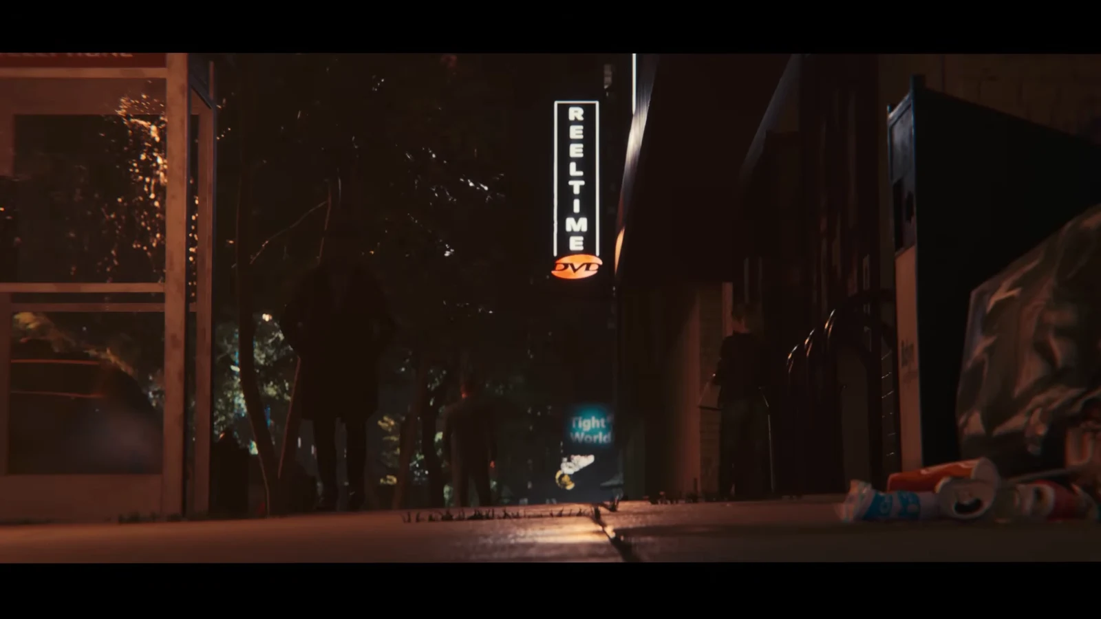 Anton talking with a woman outside the closed shop at night