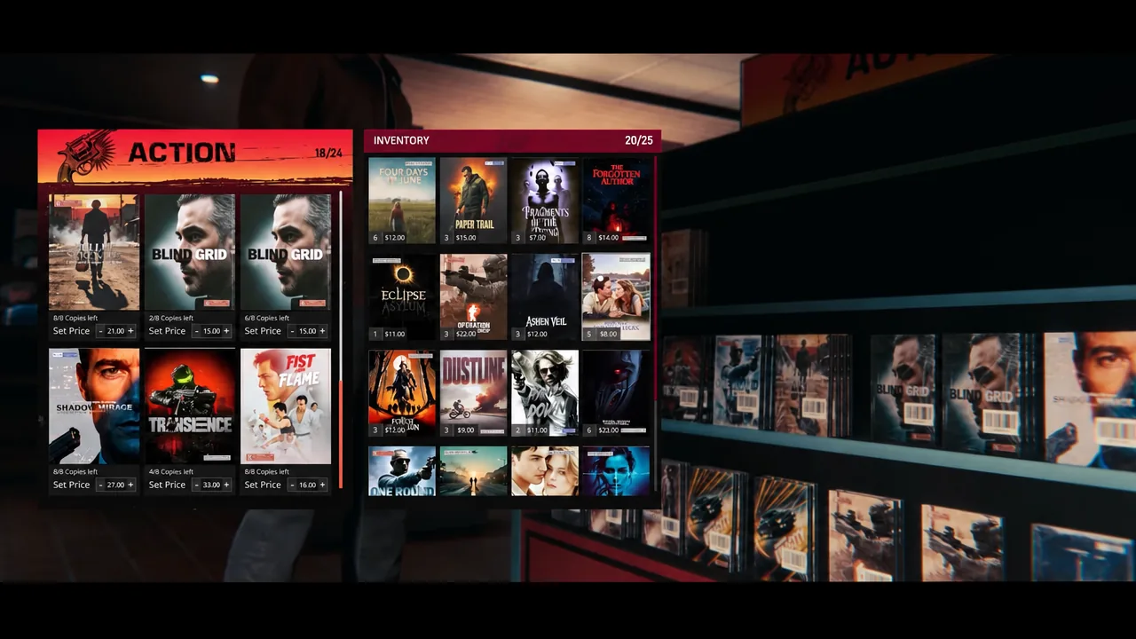Store management inventory screen showing movie cards with Set Price fields