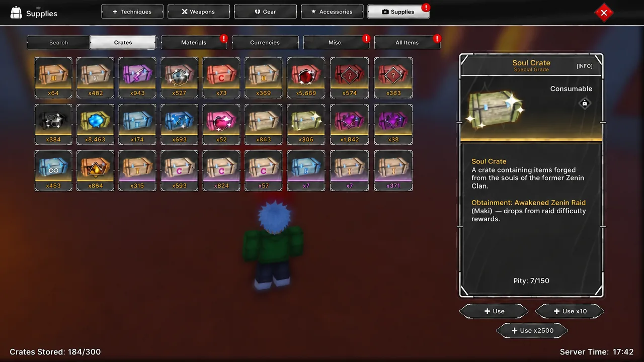 Crates tab of the Supplies menu with the Soul Crate selected and its Use options shown