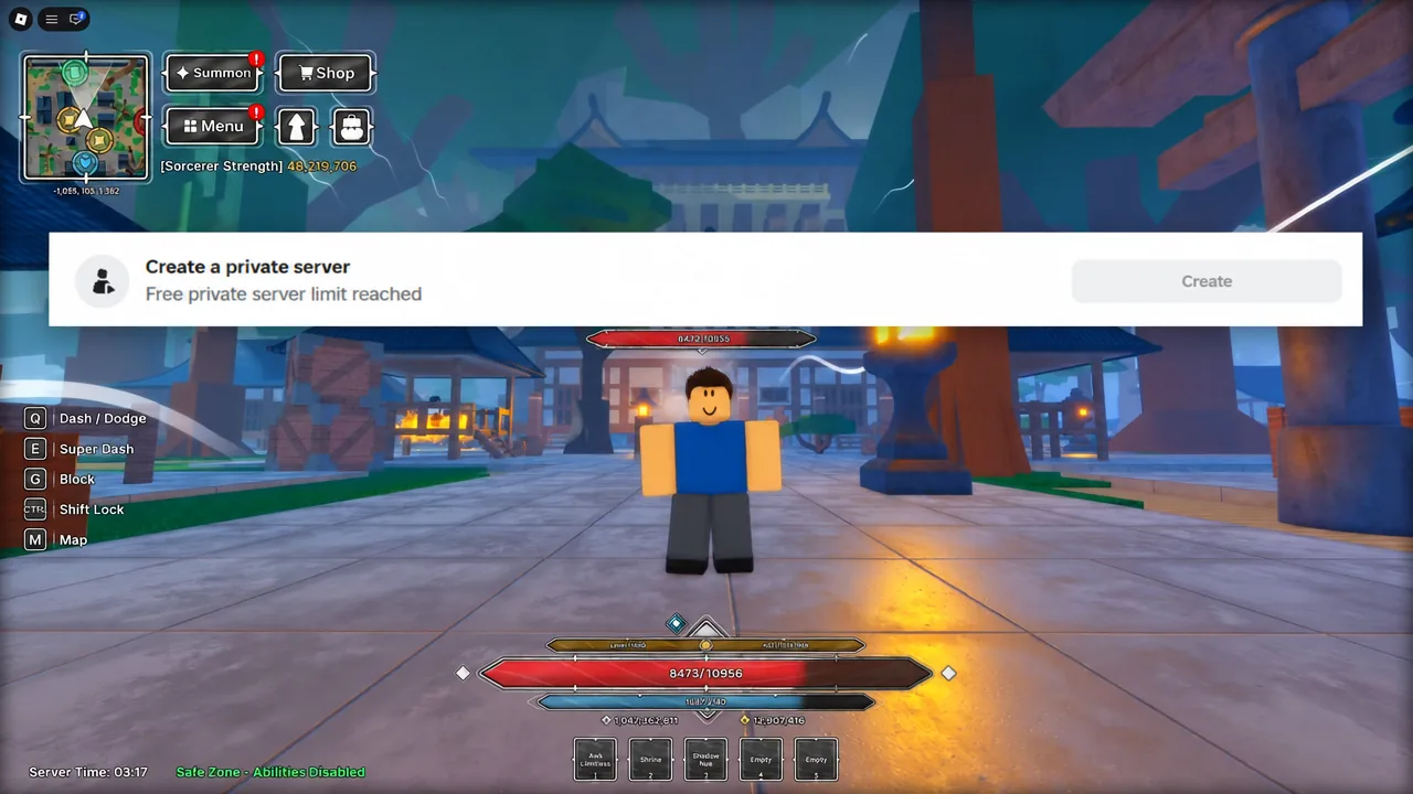 Create a private server panel showing the free server limit reached and a disabled Create button