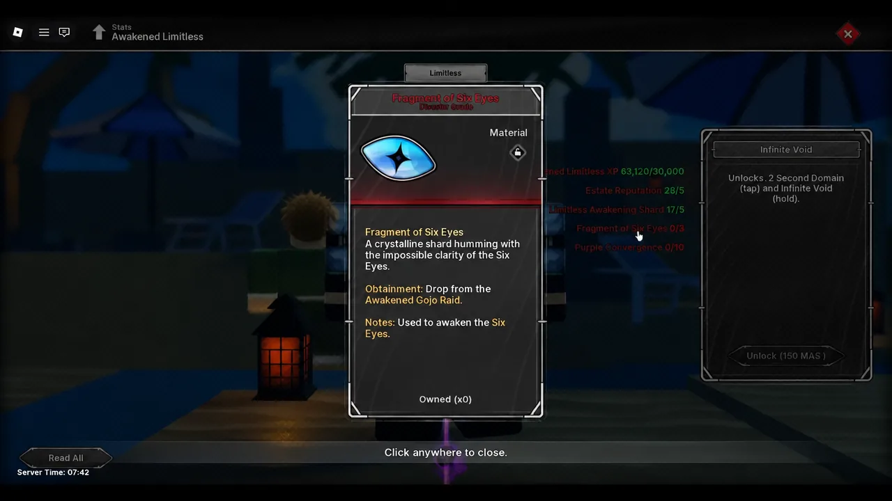 Fragment of Six Eyes item details panel showing description, obtainment and owned count