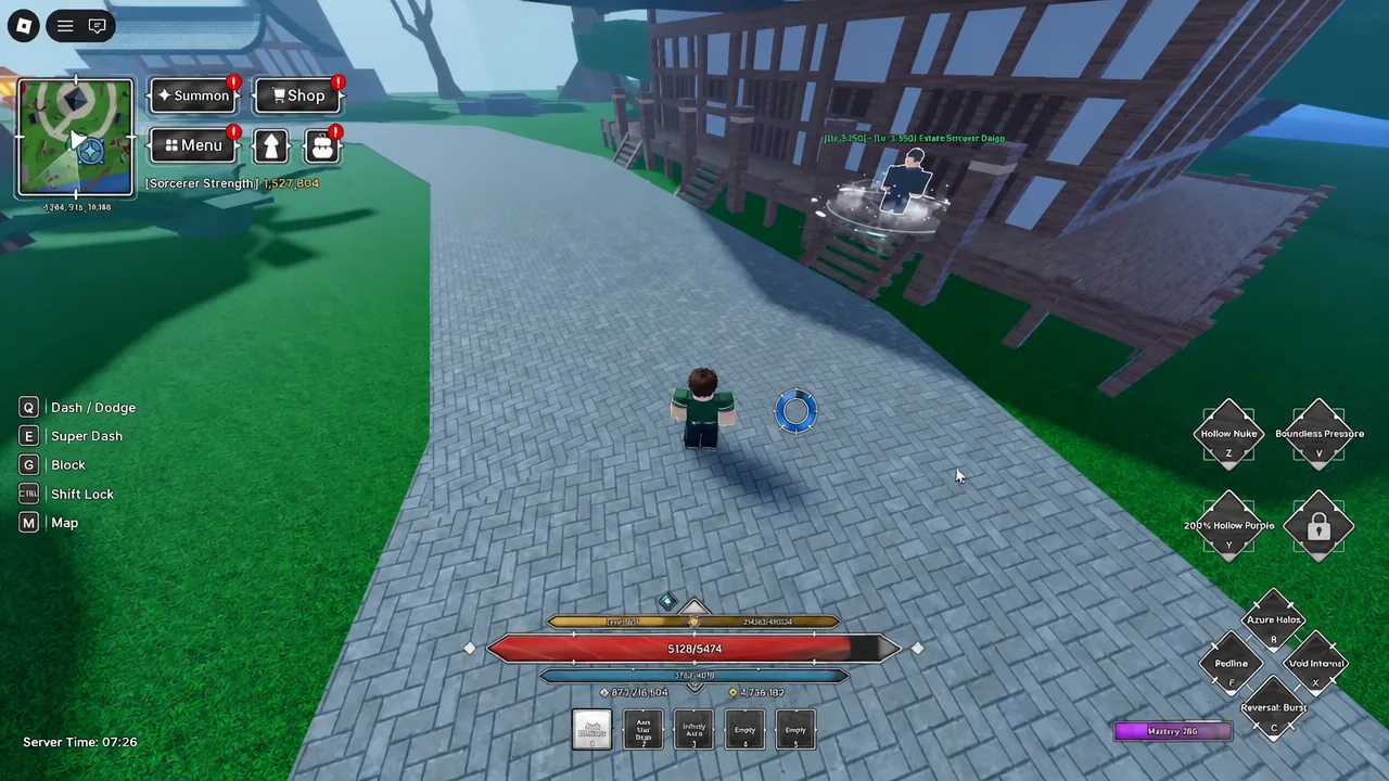 Map view marking the route to the Limitless Awakener NPC in Jujutsu Zero