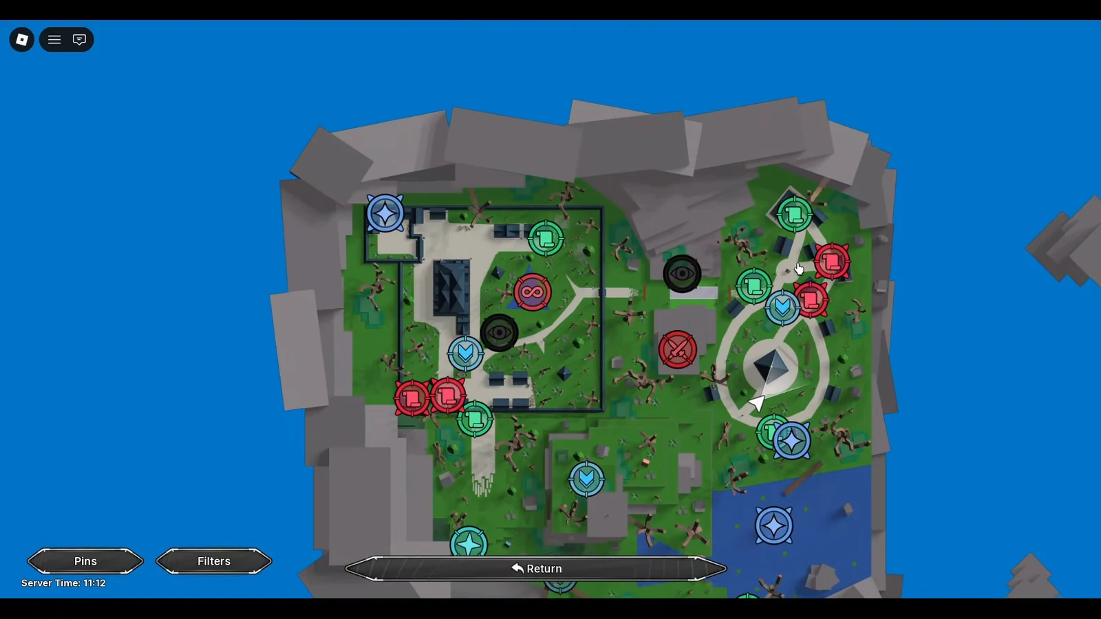 Overhead Jujutsu Zero map with colored objective pins and the Pins, Filters and Return controls