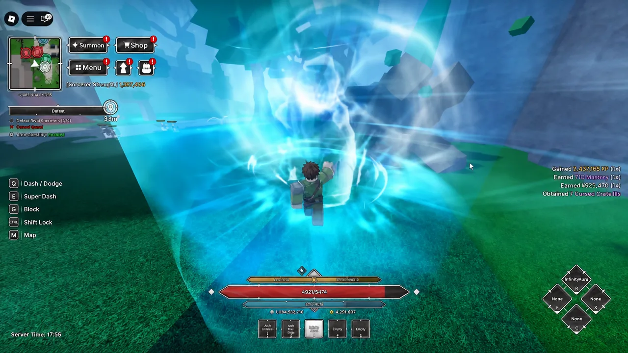 Character firing a blue cursed energy attack with a Defeat objective on screen