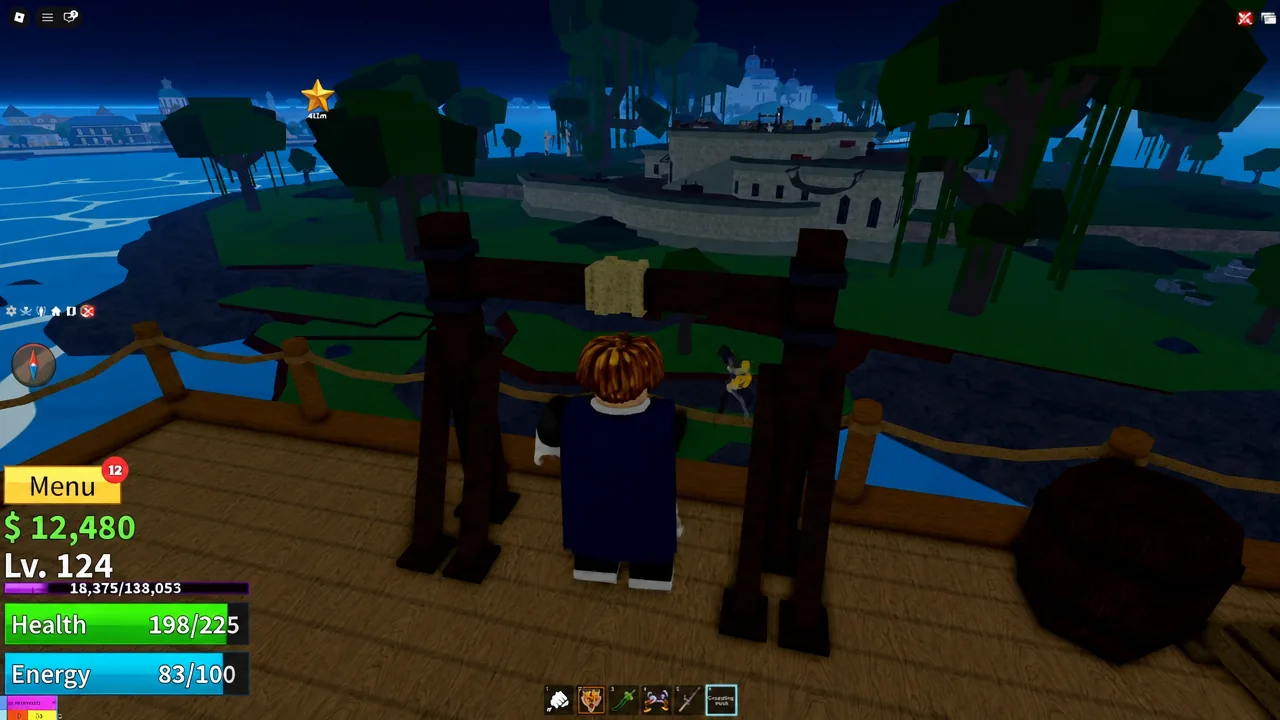 Player standing on a ship deck looking toward Jungle Island before landing