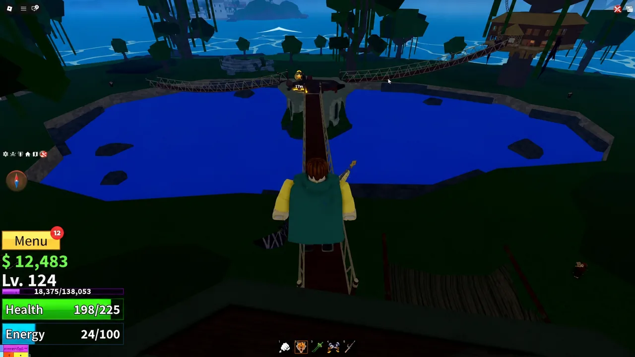 Player crossing a wooden bridge with the objective marker 17 meters ahead
