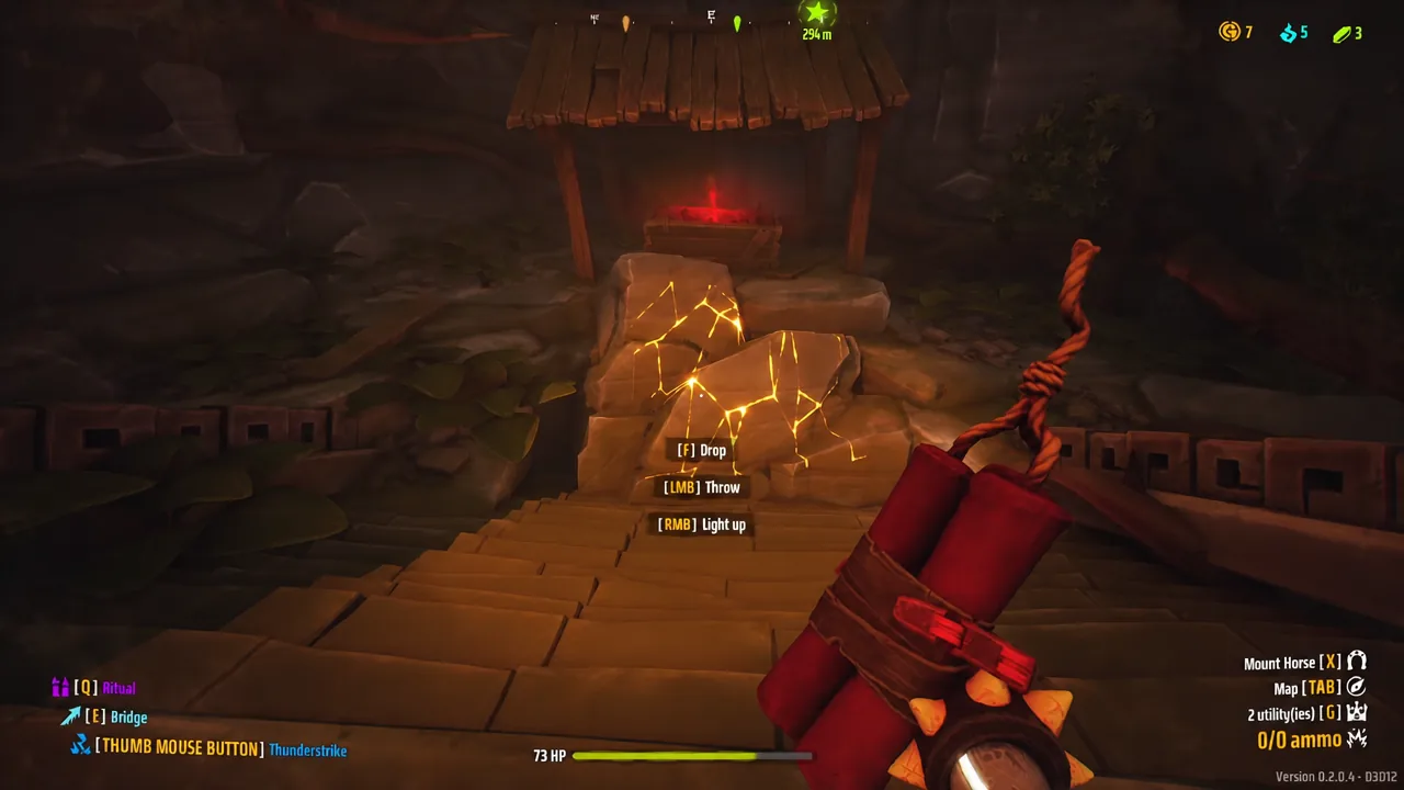 Holding lit dynamite next to cracked rocks with the right-mouse light-up prompt on screen