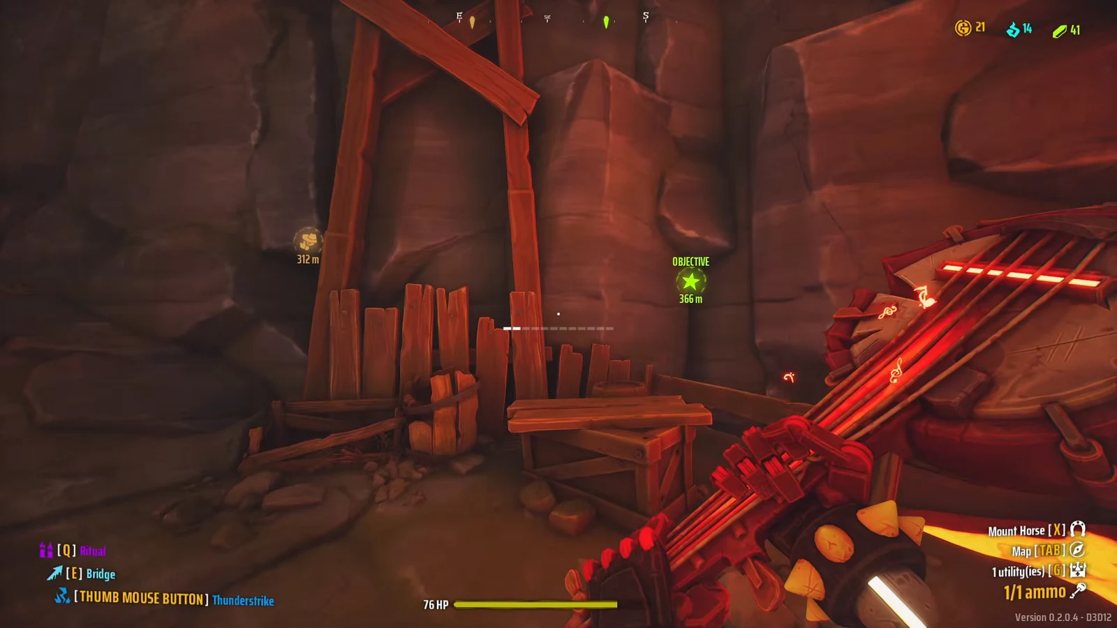 First-person view with the Banjo equipped and an objective marker showing 366 metres ahead