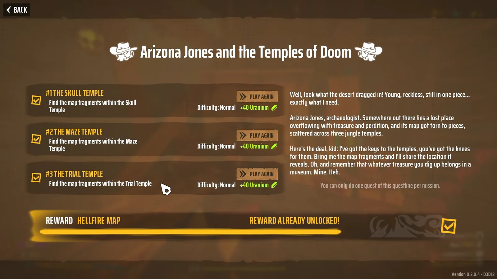 Arizona Jones and the Temples of Doom quest menu showing completed temples with Play Again buttons