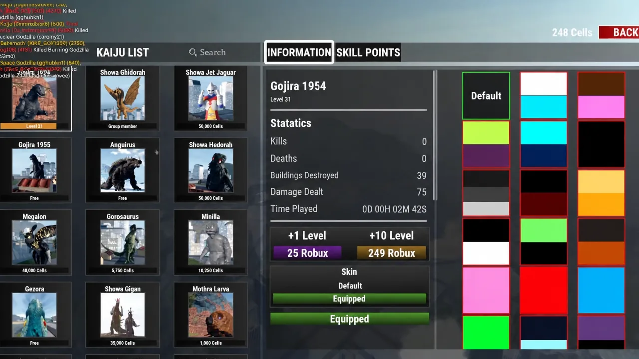 Kaiju List screen with the Information tab open, showing Gojira 1954 stats and skins