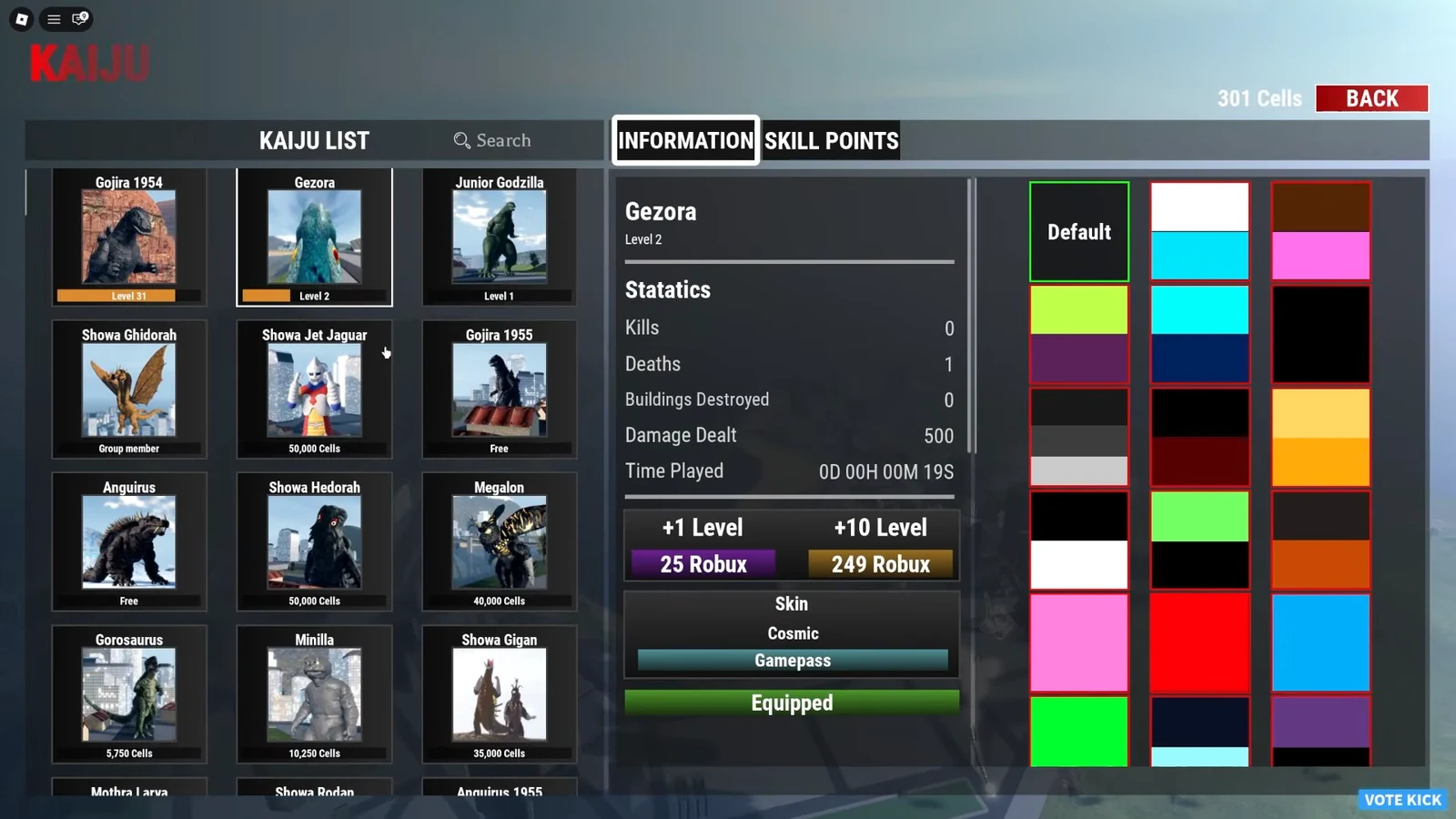 Gezora selected in the Kaiju List, showing its level, stats, and equipped Default skin