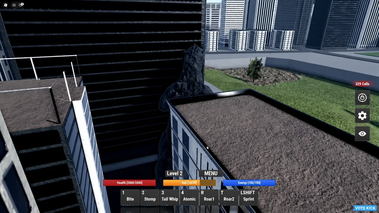 Level 2 gameplay showing the Menu button and ability bar on a rooftop in Tokyo