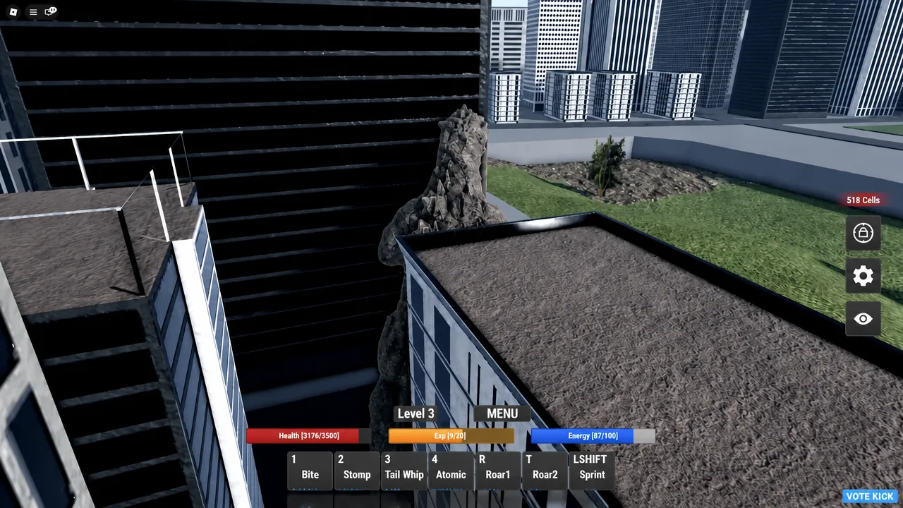 Level 2 gameplay showing the Menu button and ability bar on a rooftop in Tokyo