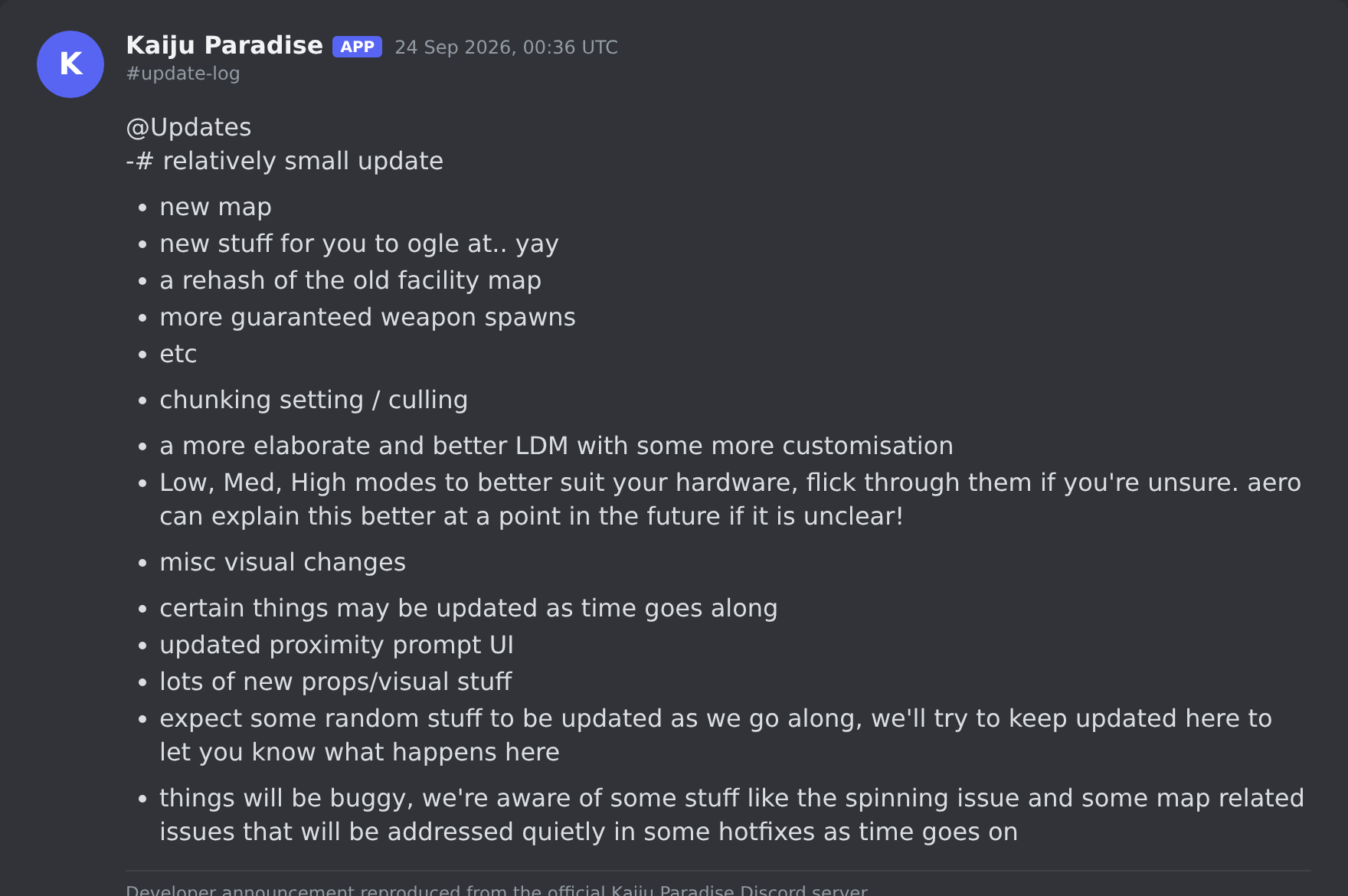 The Kaiju Paradise update post in the game's Discord server